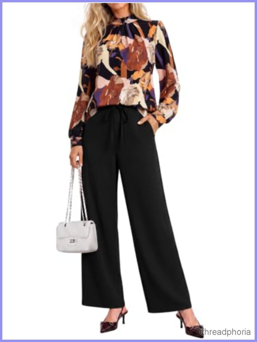 Two Piece Lounge Set Mock Neck Long Sleeve Blouse Wide Leg Pants